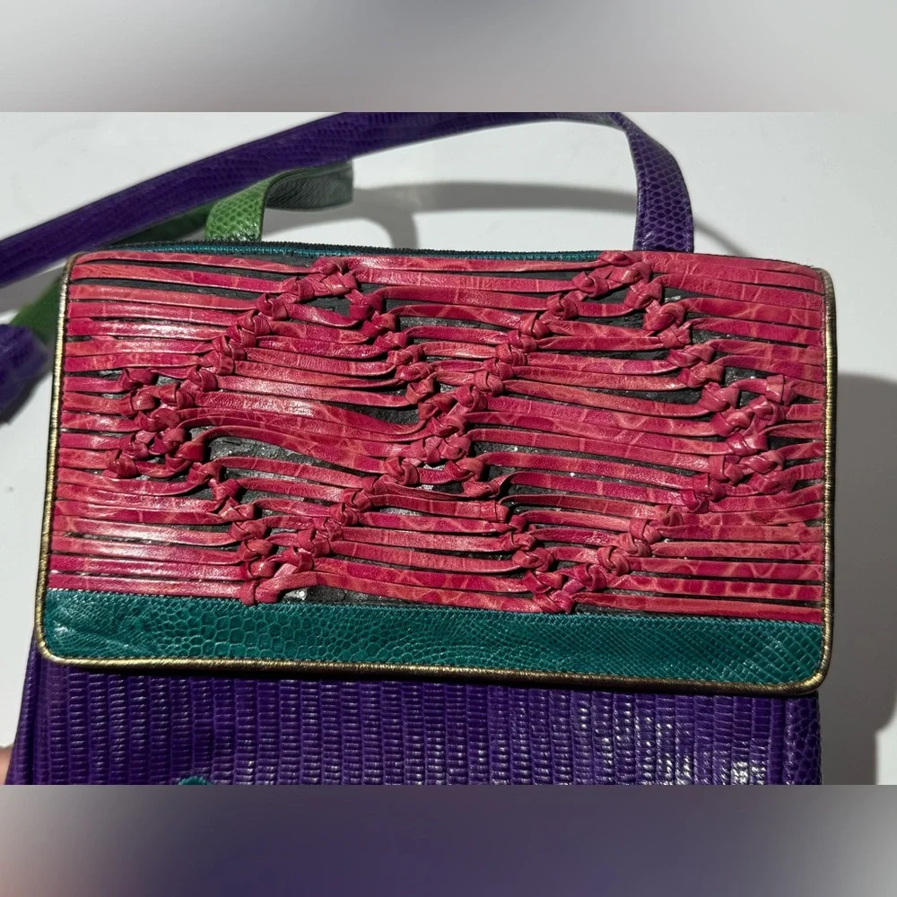Sharif Crossbody‎ Multicolor Genuine Exotic Animal Skin Snap Bag Woven Vintage